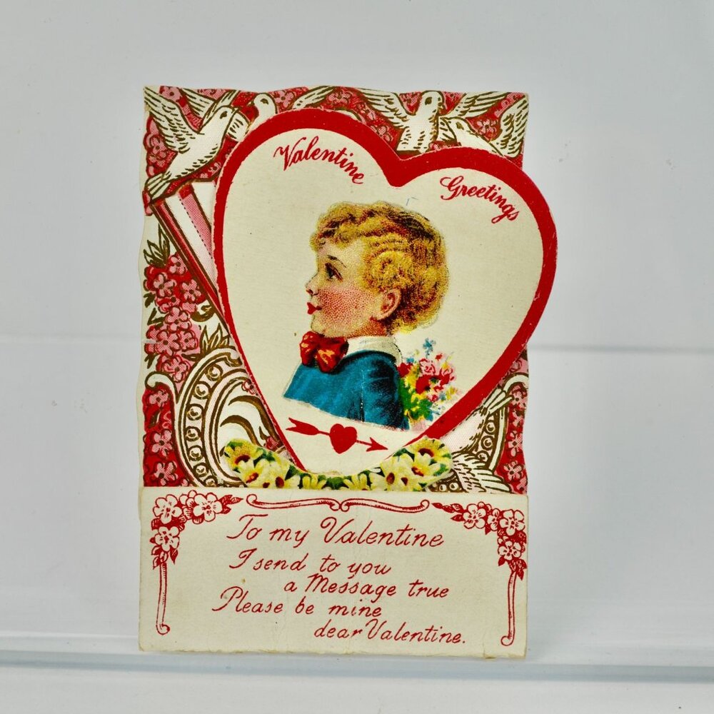 Antique To My Valentine Card Fold Out 1921 Boy with Flowers